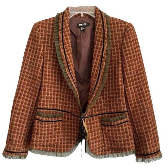 DKNY Y2K Wool Jacket Womens 4 Brown Green Lace Trim Velvet Tie Whimsy Academia